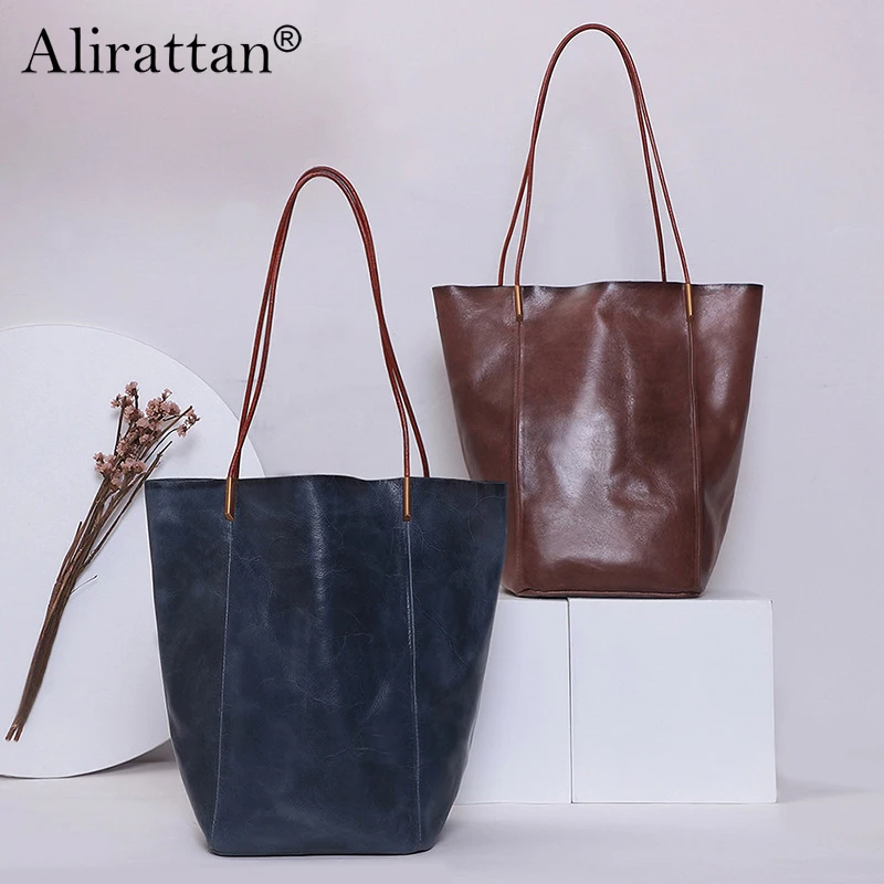 

Alirattan New Genuine Leather Women's Bag Large Capacity Mother and Child Bag Handheld Shoulder Bag Plant Tanned Leather Bag