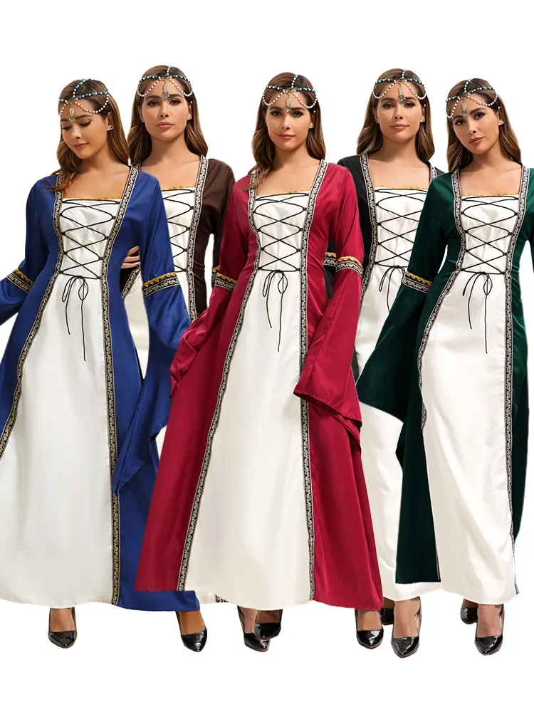 5 Farben Elegante Robe mit quadratischem Kragen und ausgestellten Ärmeln im Bühnenaufführungskostüm aus dem heißen Jahrhundert, Halloween-Partykleid