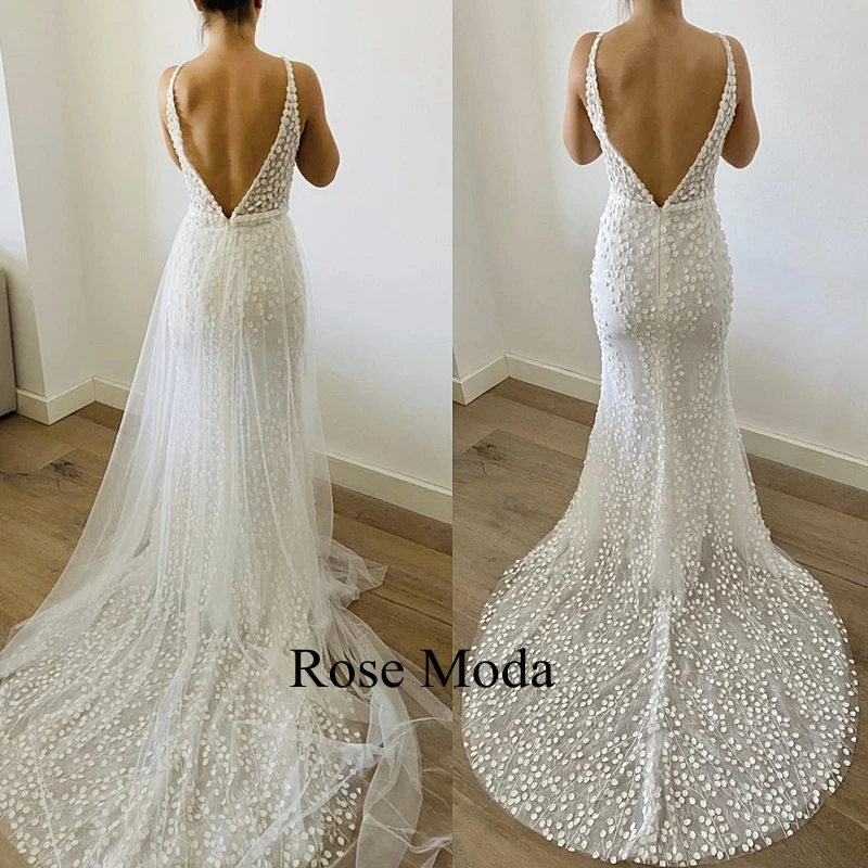 Rose Moda – robe de mariée en dentelle avec jupe détachable, col en V profond, motif FLoral 3D, sur mesure