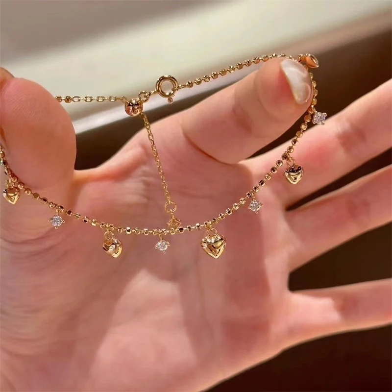 Einfache Gold Farbe Herz Perlen Glänzenden Zirkon Wasser Tropfen Armband für Frauen Zarte Kristall Quaste Metall Kette Armbänder Schmuck