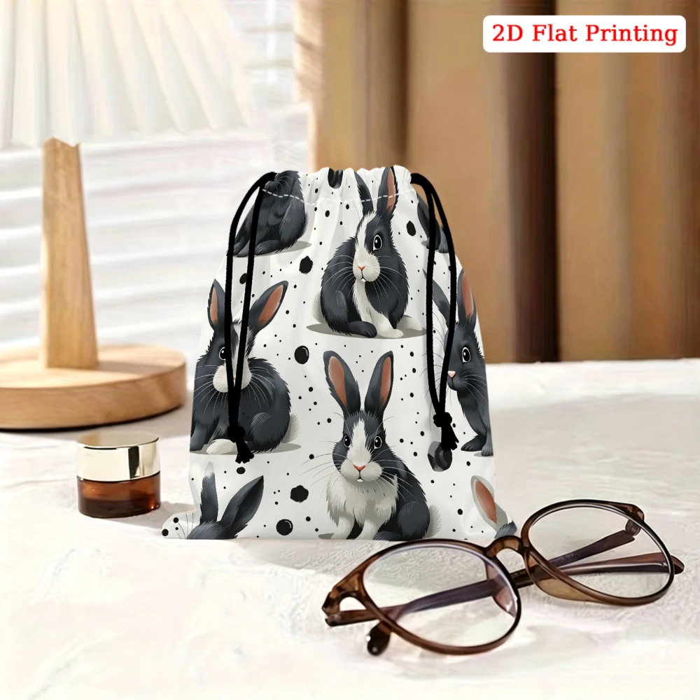 1pc Cute Rabbit Print Drawstring Bag White Black Polka Dot Storage Small Pouch For Cosmetics Glasses Accessories Travel Organize