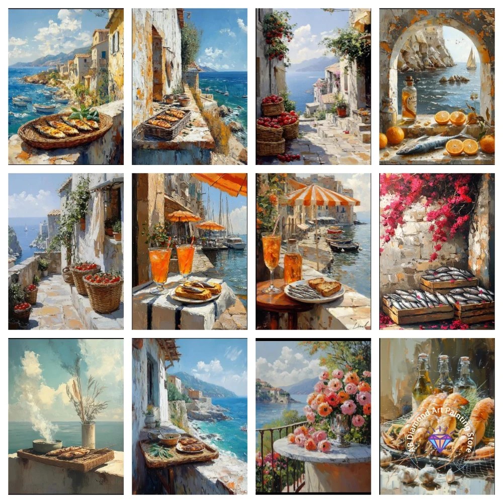 

Gourmet Sea View Flower Balcony Scene AB Diamond Painting Kit Square Round Diamond 5D DIY Mosaic Handmade Art Gift Home Decor