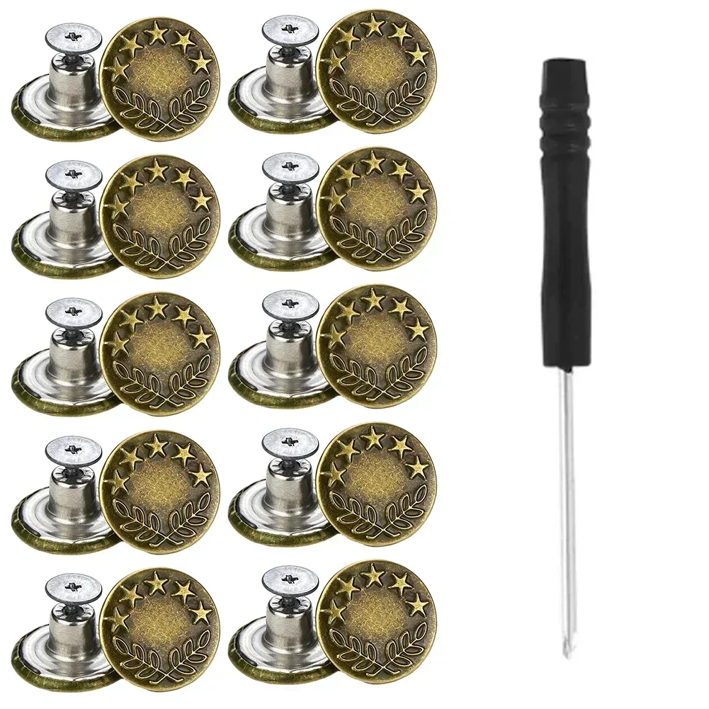 10Pcs Metal Jeans Buttons 17mm Replacement No-Sewing Screw Button Repair Kit Nailless Removable Jean Buckles Clothing Pants Pins