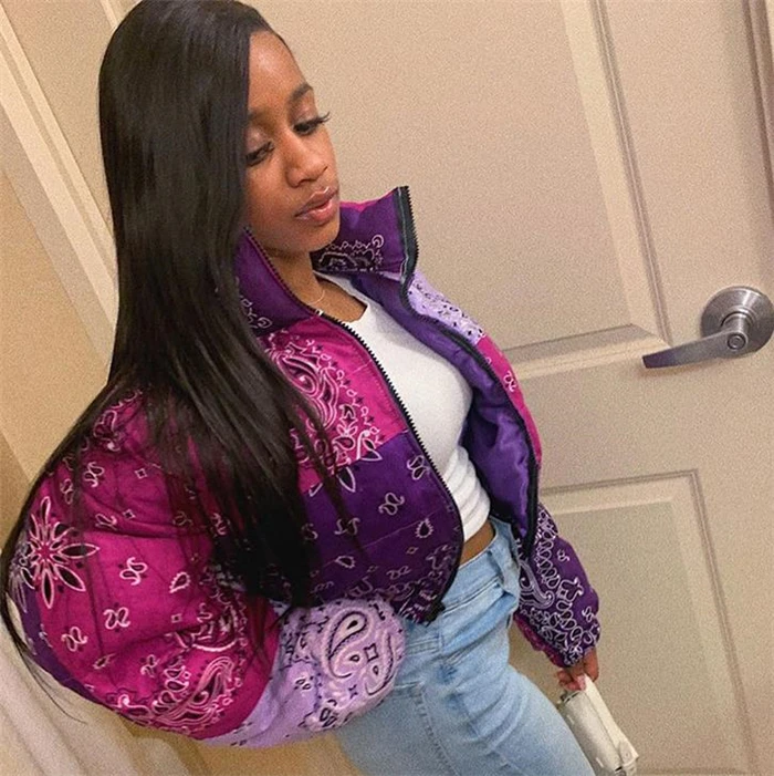 

Thiened Bread Cotton Jaet Women's Winter Coat Street Sle Zipper Closure ort Loose Fit Printed Flower Pattern