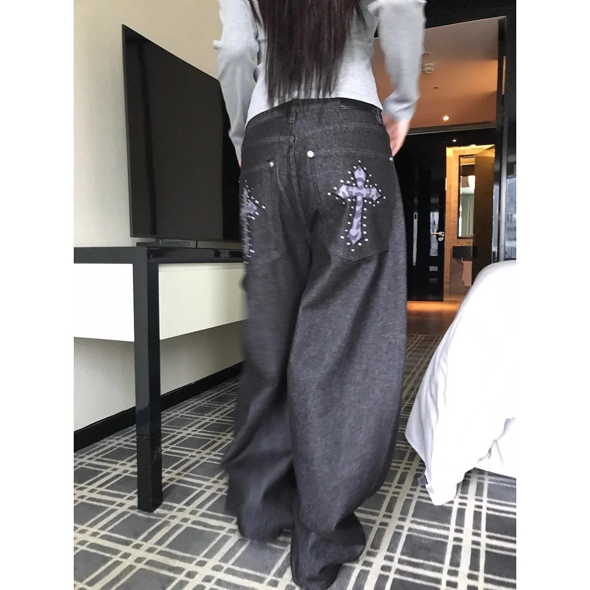 American High Street Leopard Print Cross Diamond Jeans Ex Vintage Loose Casual Streetwear Wide Leg Long Trousers Trendy