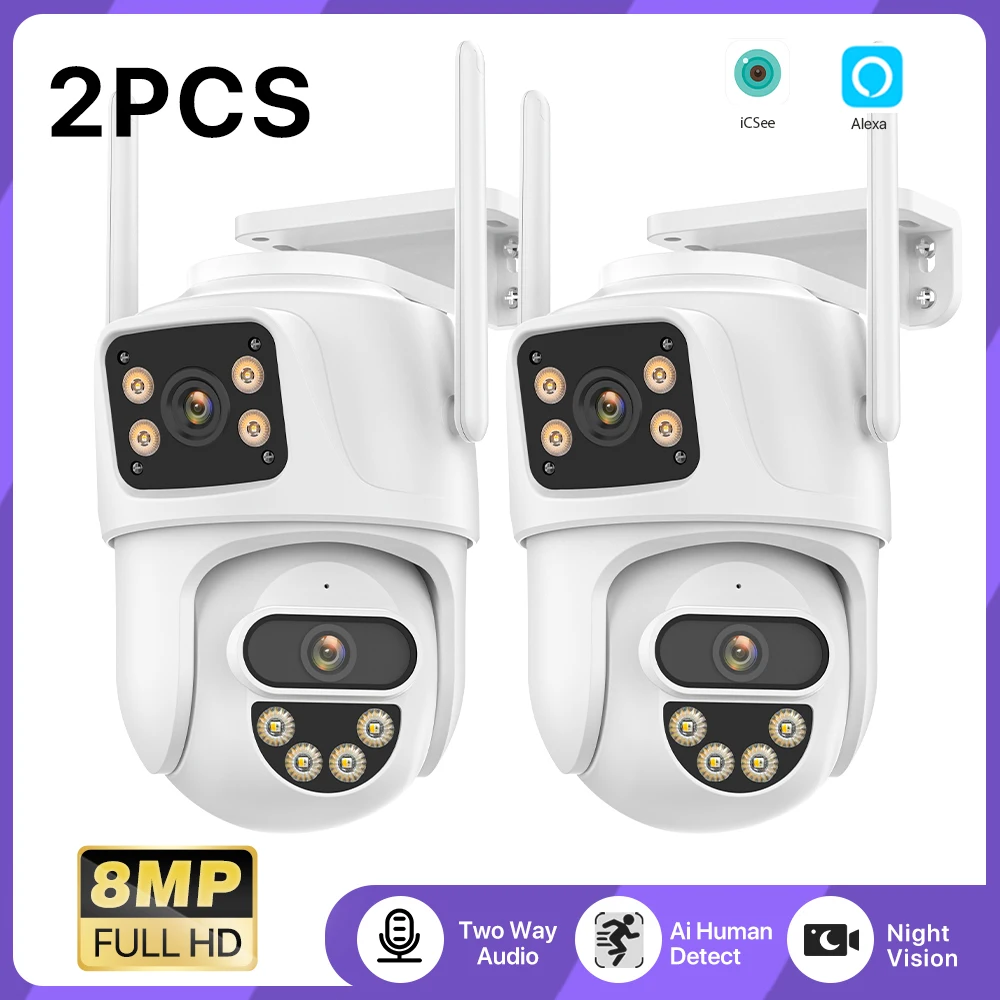 

2pcs 8MP HD IP Camera Outdoor Dual Lens Wireless WiFi PTZ Camera Ai Tracking Waterproof CCTV Security Surveillance Camera iCsee