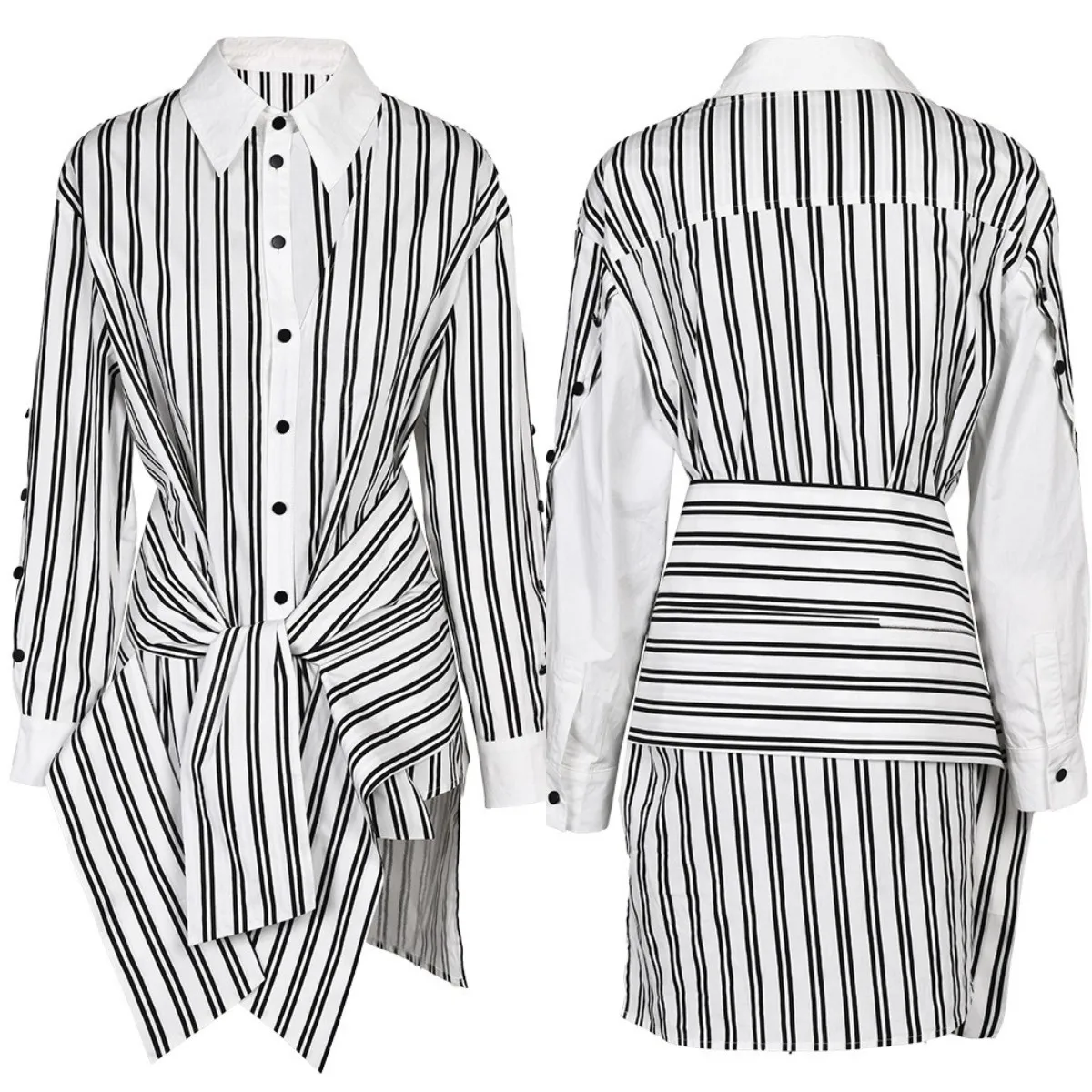 Summer Striped Women Shirt Dress Autumn 2024 Lace Up Long Sleeves Casual INS Fashion Streetwear Shirt Skirt 100% Real Photo