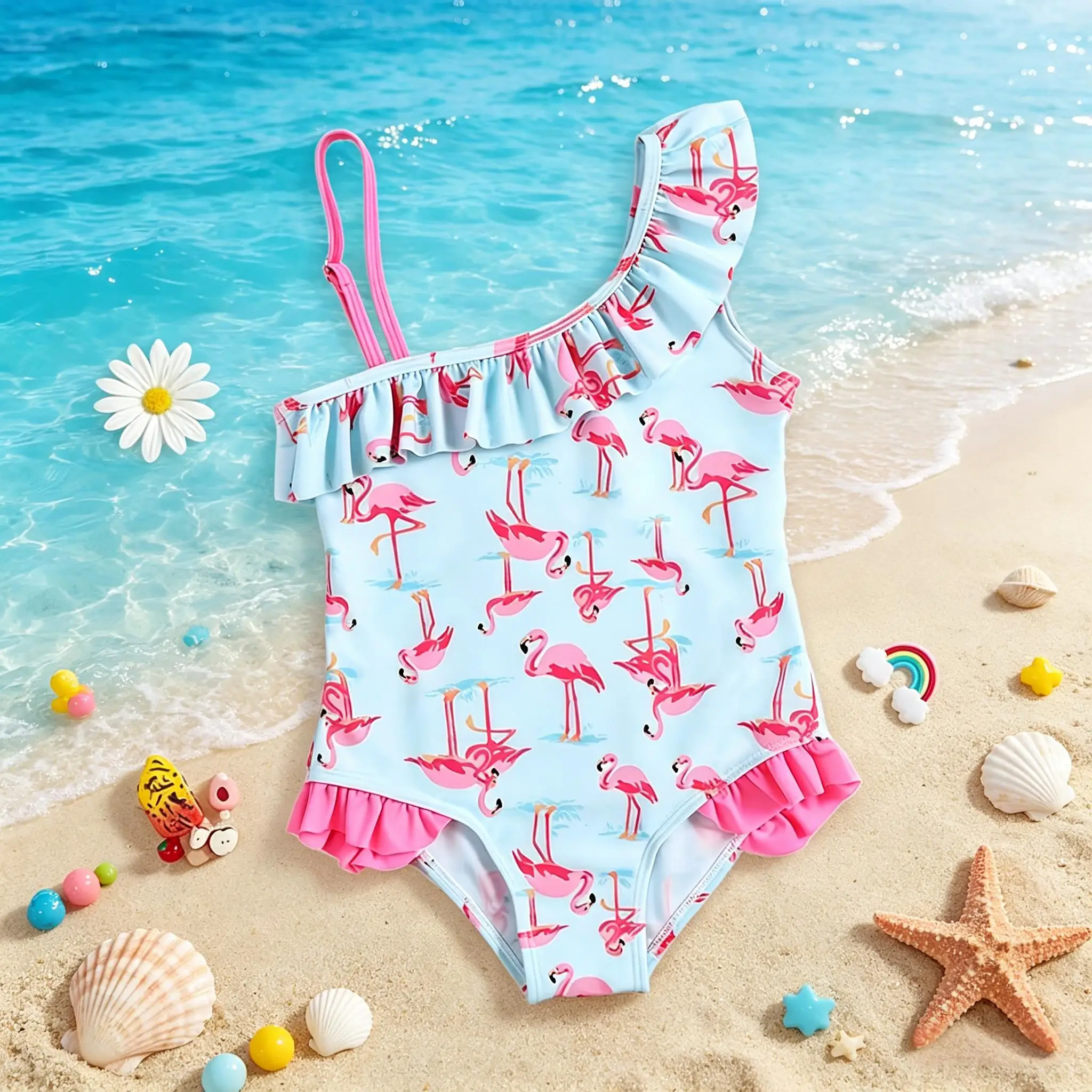 

Trendy Girls Flamingo Swimsuit One-Shoulder Ruffled Light Blue Print Bathing Suit for Beach Pool Vacation Toddler Outfit