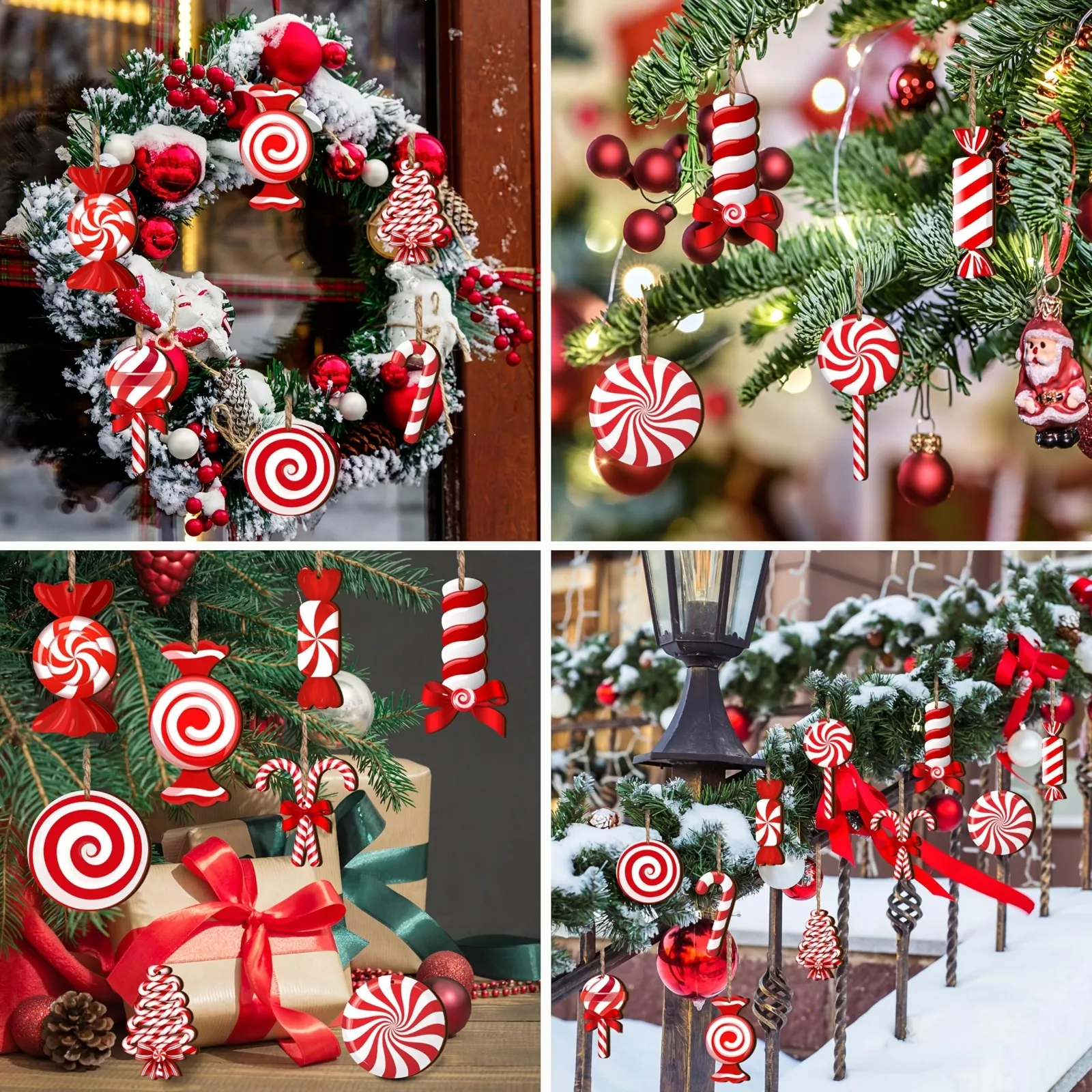 12/24 Stück rot-weiße Weihnachts-Zuckerstangen-Holzornamente zum Aufhängen, Pfefferminzstock-Anhänger für Weihnachtsbaum, Neujahr, Heimdekoration