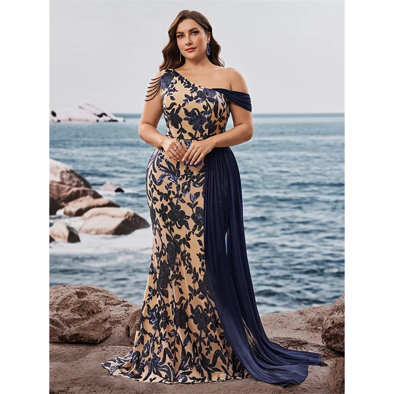 Vestido largo sexi de un hombro con lentejuelas y cuentas para mujer, vestido elegante para cóctel, graduación, fiesta de noche, sirena, vestido de dama de honor de boda