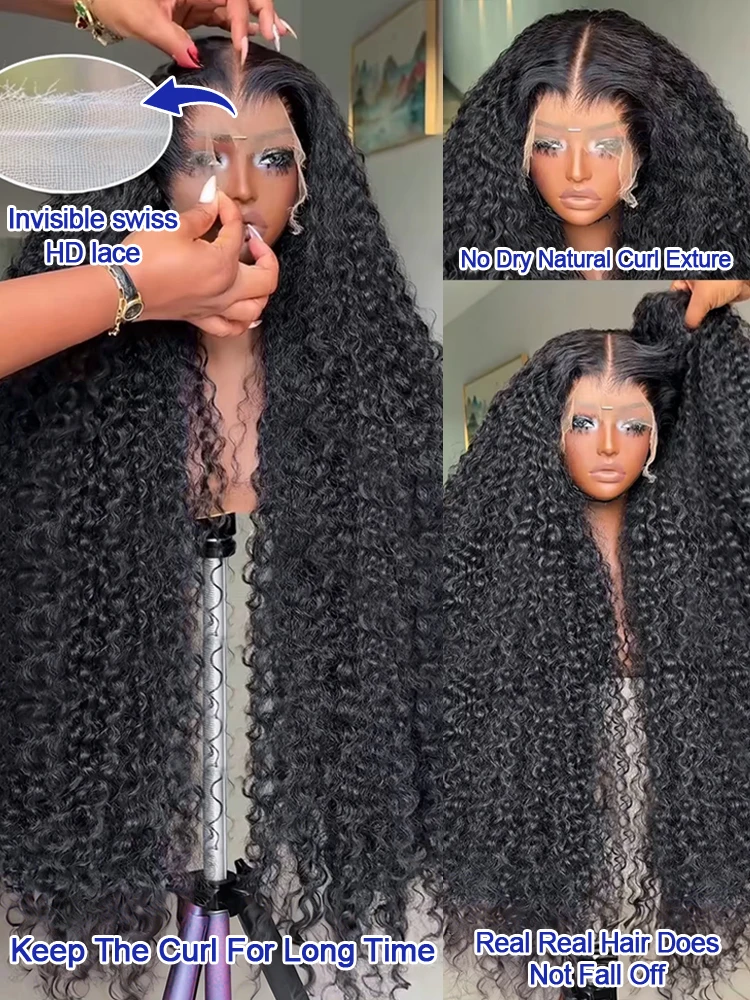 40 42 Inch Jerry Afro Curly Wig Lace Closure Wigs Voluminous Water Wave HD Transparent Lace Front Human Hair Wigs Wet and Wavy Glueless Wigs Remy 300% High Density Original Vietnamese Raw Virgin Loose image 4