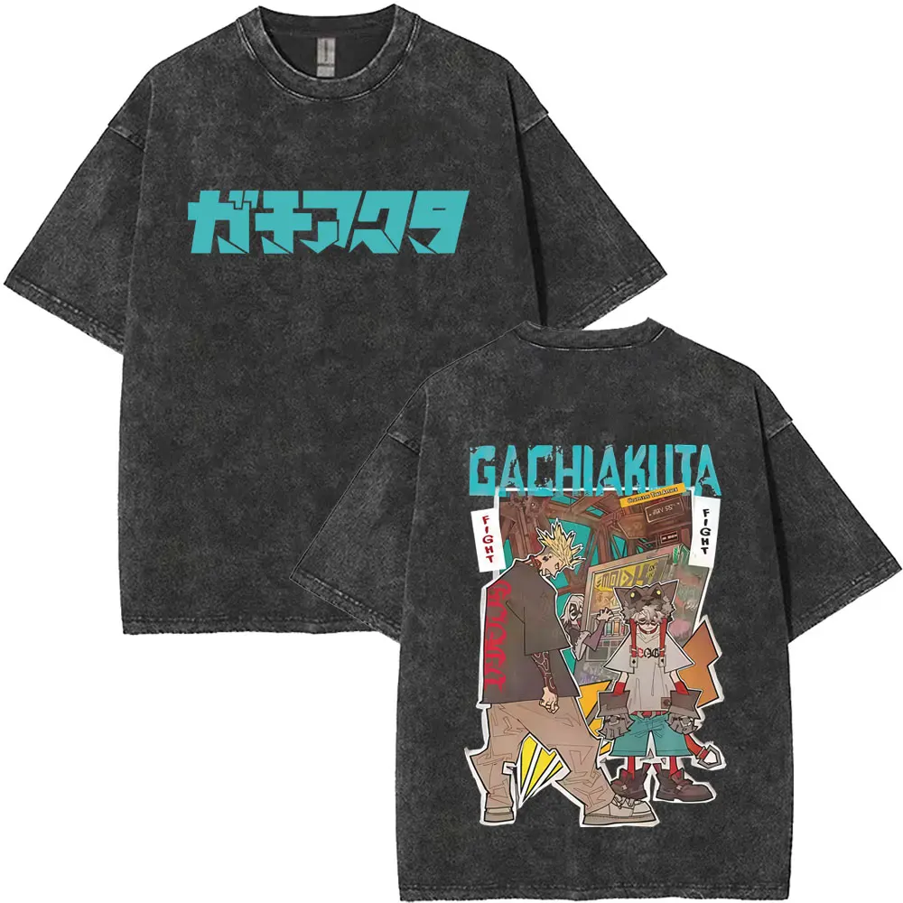 

Washed Vintage Anime Gachiakuta Enjin Rudo T-shirt Men Women Cartoon Manga Crewneck T Shirt Male Fashion Casual Retro Streetwear