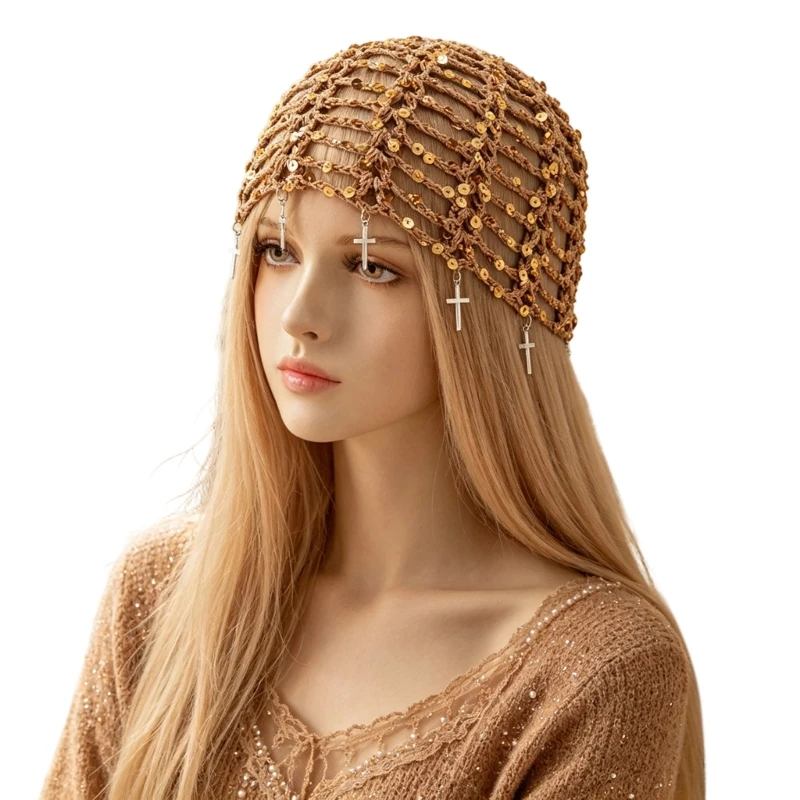 Spring Summer Crochet Brimless Cap with Breathable Openwork Mesh and Crossed Charm Trim, Foldable Skull Hat for Travel 964A