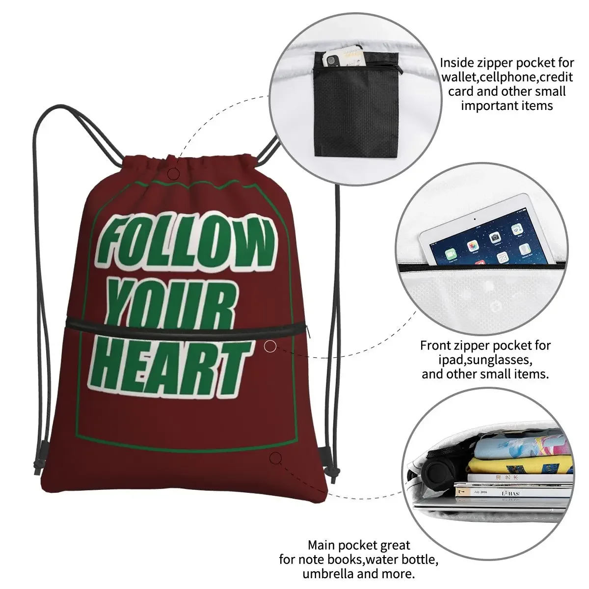 Follow Your Heart Portable Backpacks Drawstring Bag Casual Drawstring Bundle Pocket Book Bags For School Students