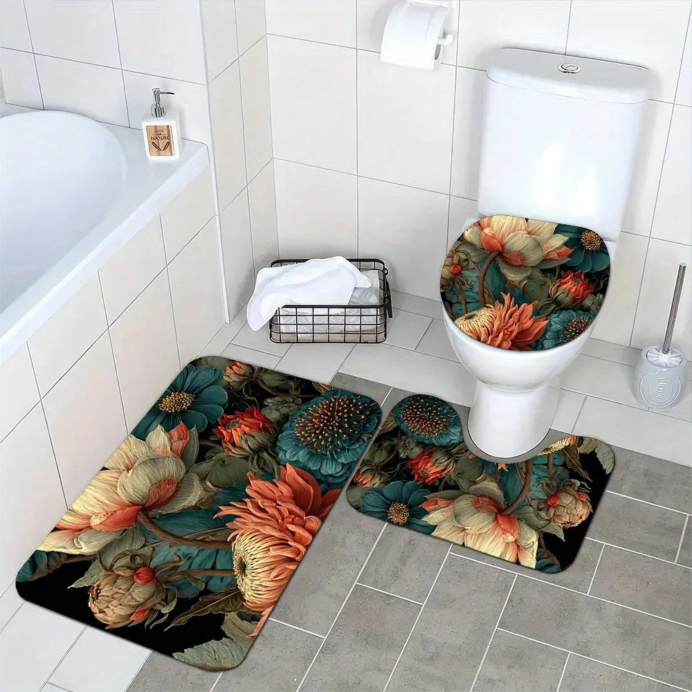 

Gorgeous Botanical Floral Printed Bath Mat and Toilet Rug Set Waterproof Bathroom Decor Home Accents Tropical Luxury Mat Pair