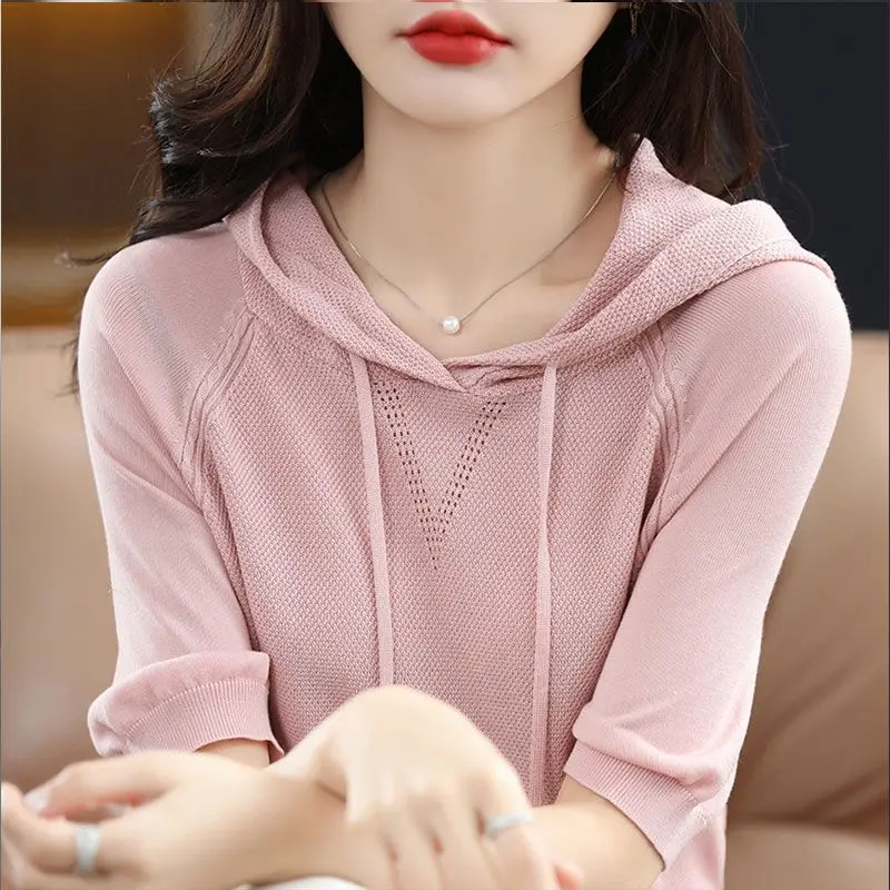 Korean Fashion Spring Summer New Hoodies Sweater Women Solid Drawstring Half Sleeve Loose Thin Casual Versatile Pullovers Tops