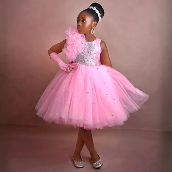 Abiti da ragazza di fiore con perline rosa Abiti da ragazza di fiori con fiocco personalizzato sul retro al ginocchio Abiti da festa di compleanno per bambine da principessa