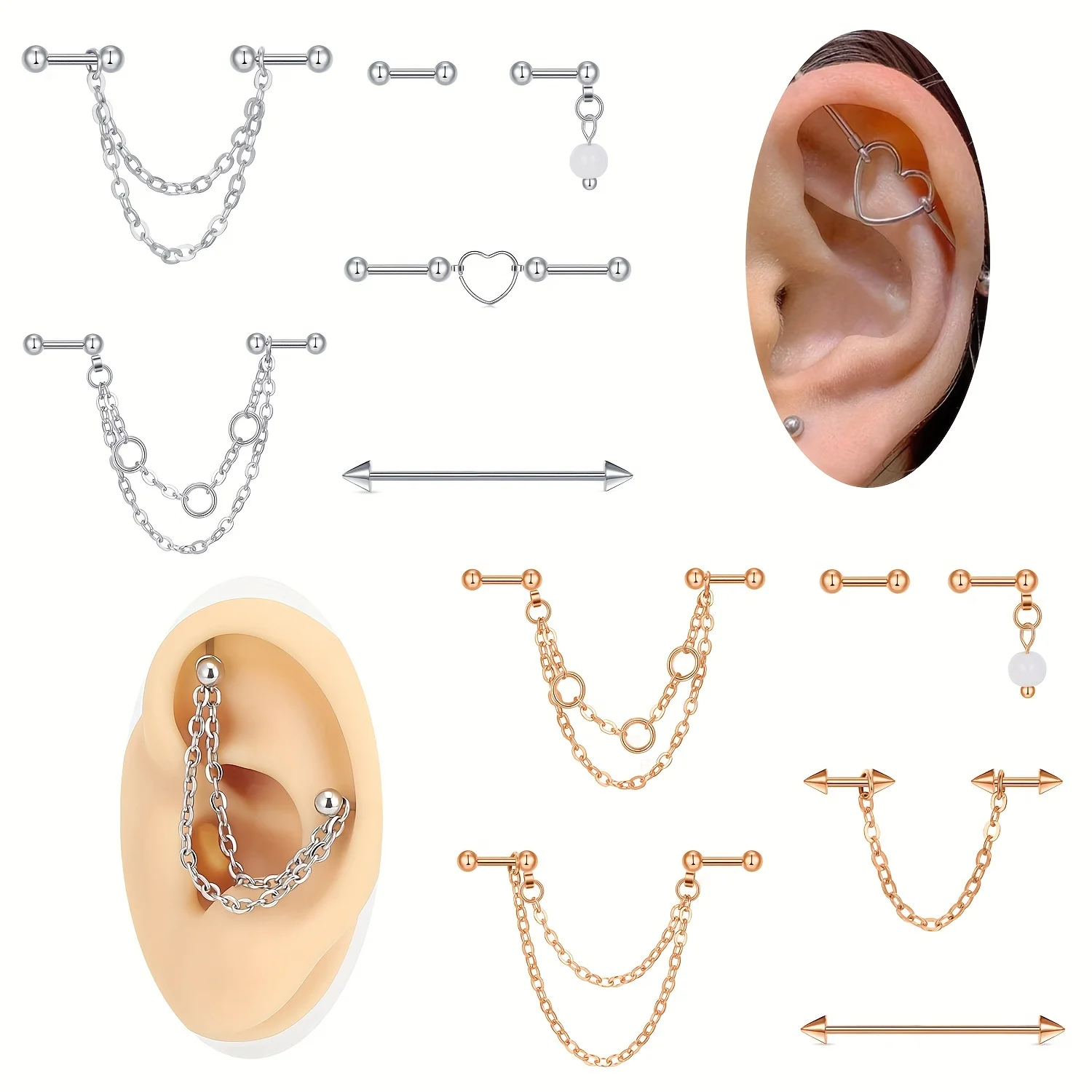 5 Stück industrielle Piercing-Bar, industrielle Ohrringe aus Edelstahl mit Kettenhänger, Knorpel-Helix-Piercing-Ohrringe