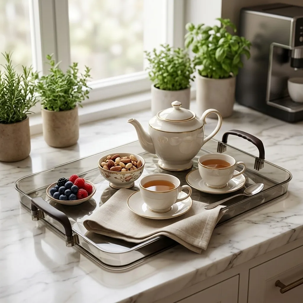 Transparent Plastic Food Serving Tray with Handles Large Capacity Stackable Rectangular Tea Coffee Food Dishes Kitchen Tableware
