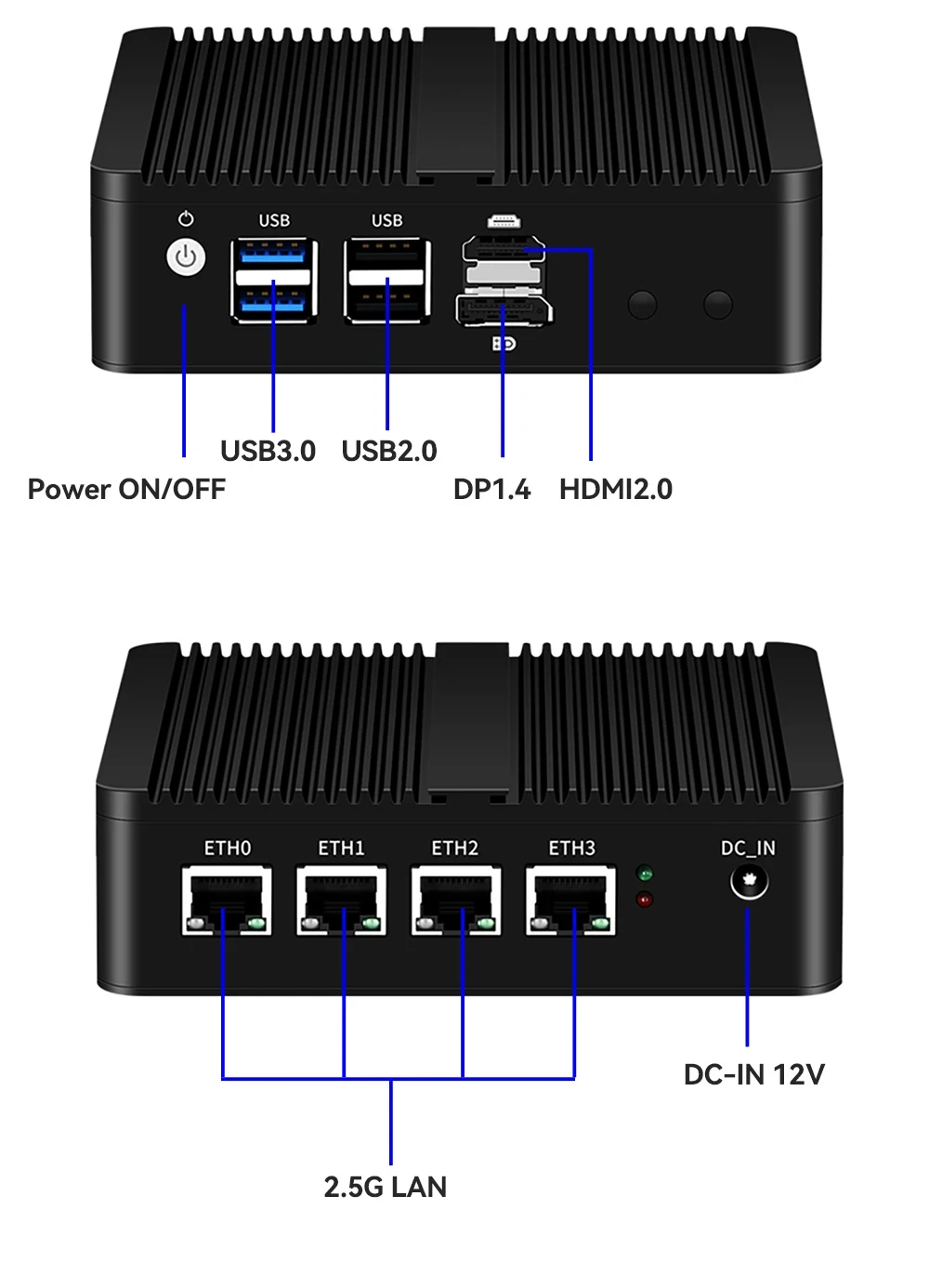 Inter N100 Industrial Mini PC with 2xUSB3.0 2xUSB2.0 1xHDMI 1xDP Support 1xDDR5 1xM.2 NVME WiFi 3G/4G LTE Computer Win10 Ready