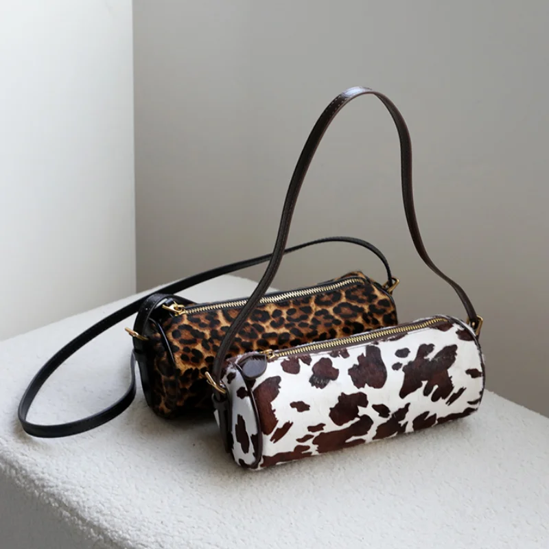 

Retro Leopard Print Underarm Bag Hot Luxury Genuine Leather Horsehair Shoulder Bag New Fashion Cow-print Zippered Crossbody Bag
