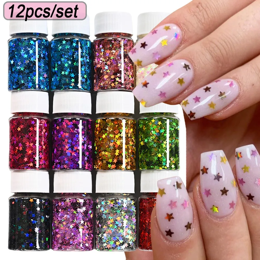 

12pcs Laser Holographic Star Nail Glitter Sequins 3mm Tiny Shiny Stars Glitter Confetti Nail Charms Bling Laser Star Nail Flakes