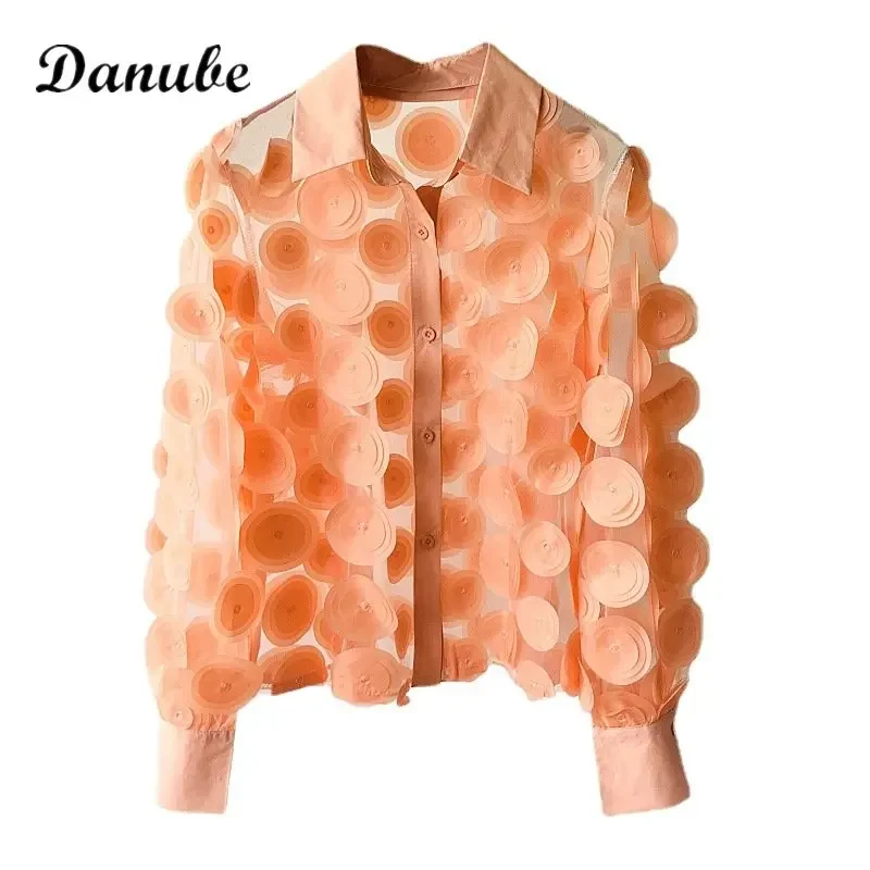 Fashion 3D Polka Dot Blouse Women Y2k Korean French Hollow Out Lantern Sleeve Mesh Shirt Tops Office Lady Elegant Blusas Mujer