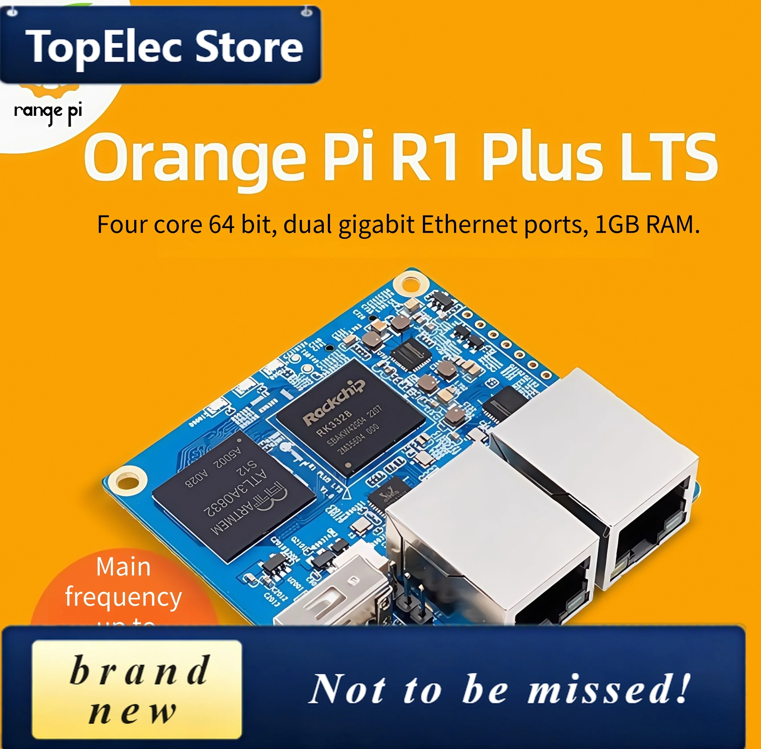 TopElec Orange Pi R1 Plus LTS development board, dual Gigabit Ethernet soft router, RK3328 processor.