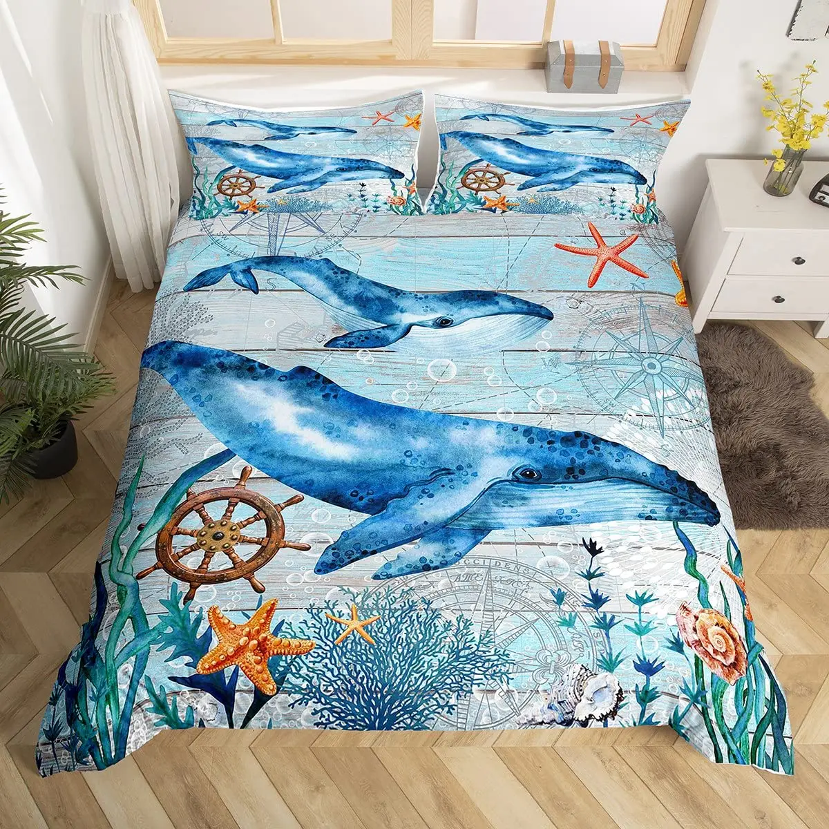 Whales King Queen Duvet Cover Ocean Animal Bedding Set Seaweed Starfish Marine Life Quilt Cover Blue Polyester Comforter Cover