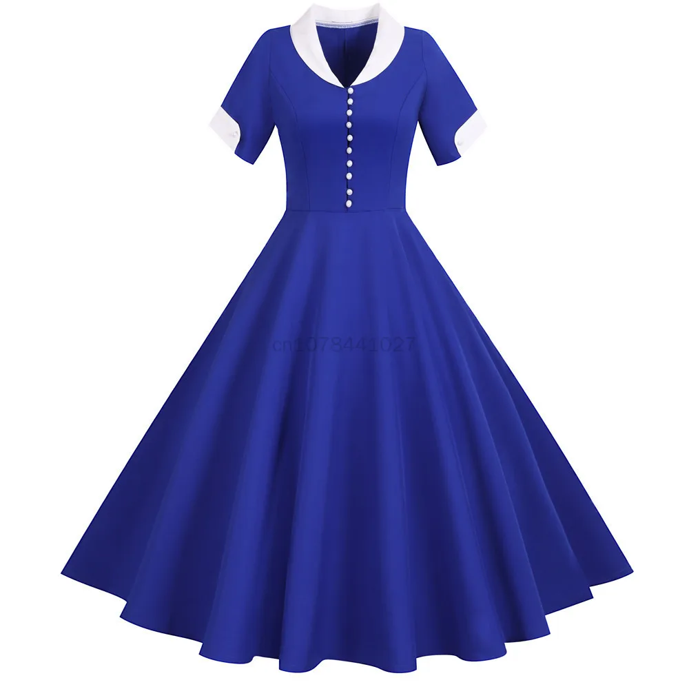 50s 60s Blue Button Up Summer Casual Solid Dresses for Women Fit and Flare Vintage Robe Elegant Polyester Rockabilly Dress 2023