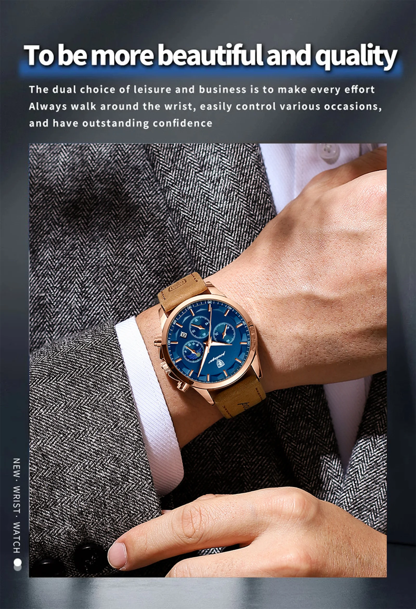 POEDAGAR Sport Luxus Männer Quarzuhr Wasserdicht Chronograph Leucht Datum Mann Armbanduhr Business Leder herren Uhren Uhr – Detail 3