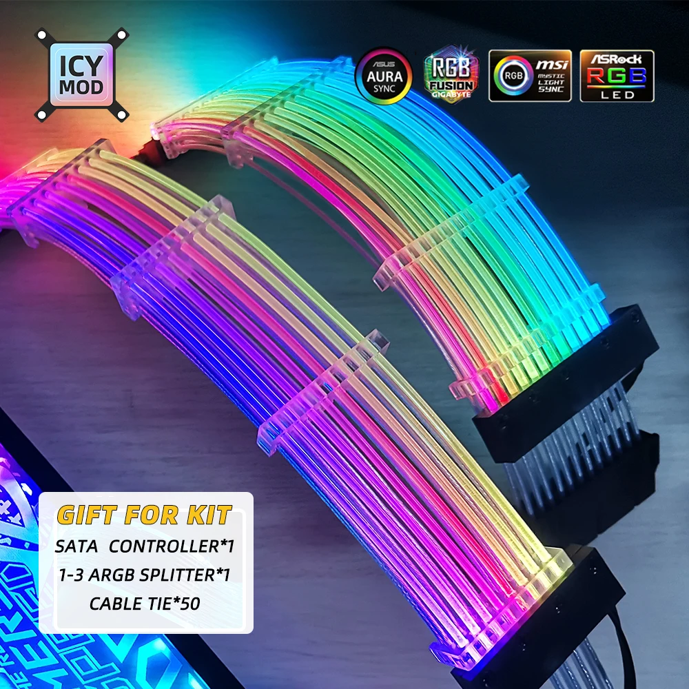 ARGB GPU Extension Cable 8PIN Rainbow Case Lighting Strip 8+8 Strimer Wire 24PIN MOBO VGA 8+8+8 RGB Extender PC MOD Gamer Refit