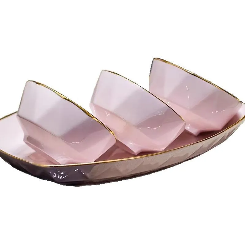 

Underglaze color high temperature resistant tableware simple full set of pink rice dishes set of high value bowl plate set