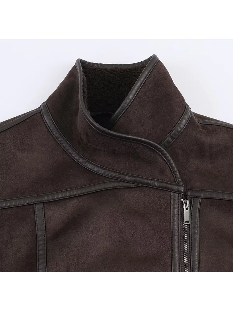 HH Dames Omkeerbare Jas Opstaande Kraag Lange Mouwen Zak Asymmetrische Rits Jas Damesmode Casual Slanke Winter Korte Jas