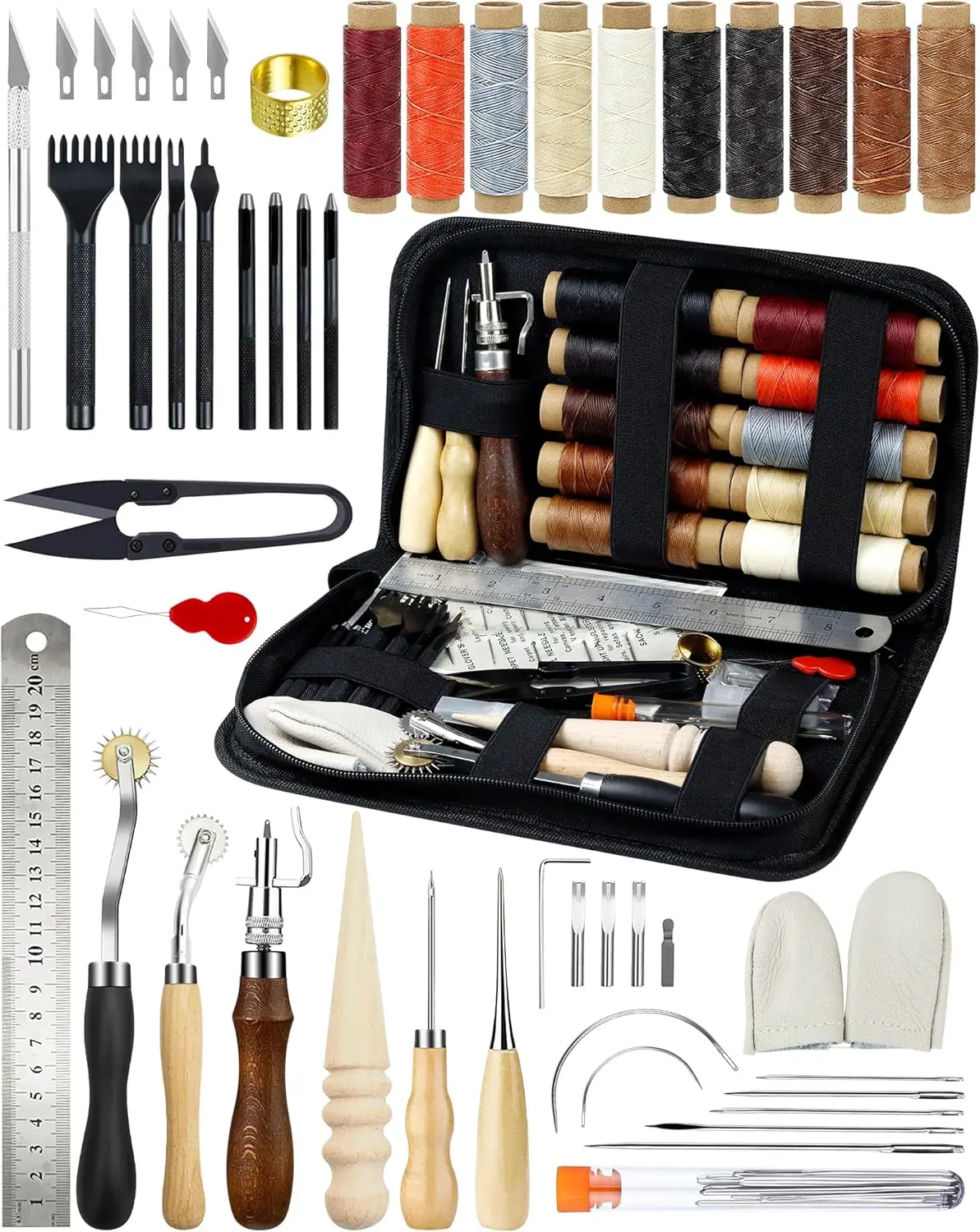

Beginner Leather Craft Kit with Waxed Thread, Groover, Awl & Punch Tools for DIY Gifts