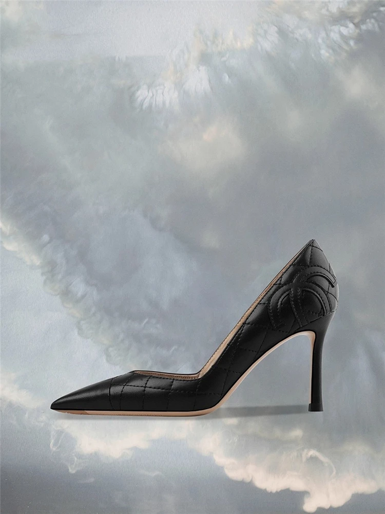 

Stiletto heels autumn new pointed toe shallow black pressed flower satin bow single shoes banquet dress leather women's shoes