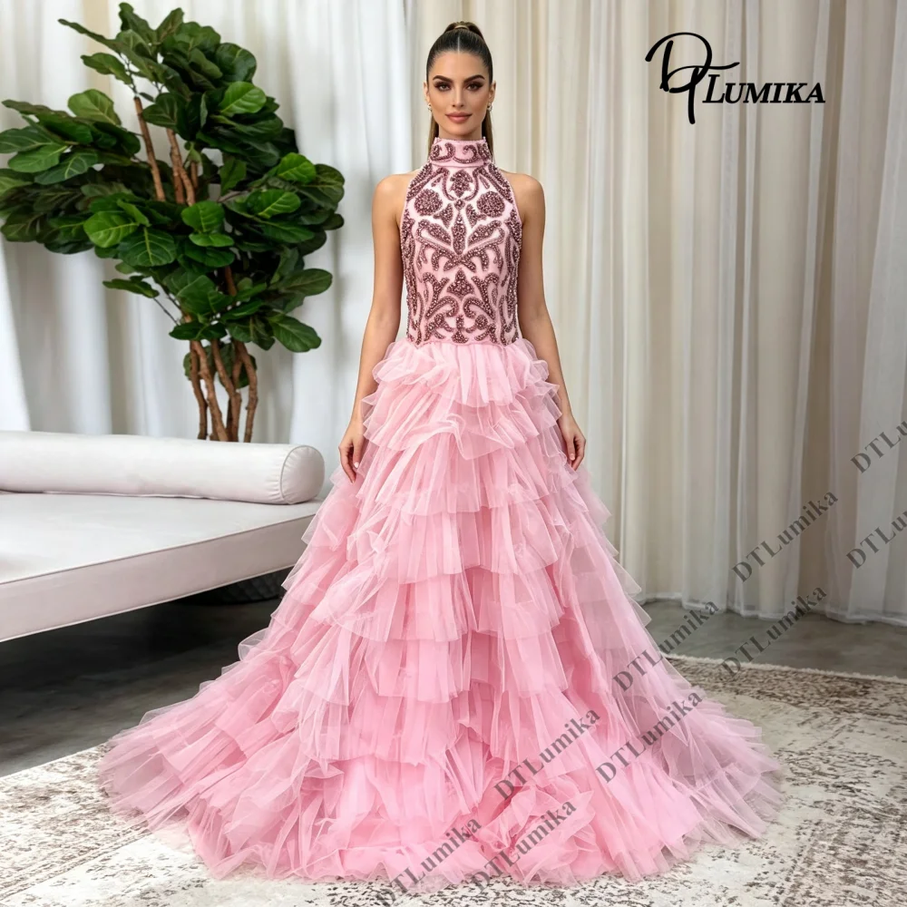 High Neck Quinceanera Dress Custom Beaded Bodice Tiered Ruffle A‑Line Formal Evening Gown for Sweet 15 Prom Gala Birthday Party