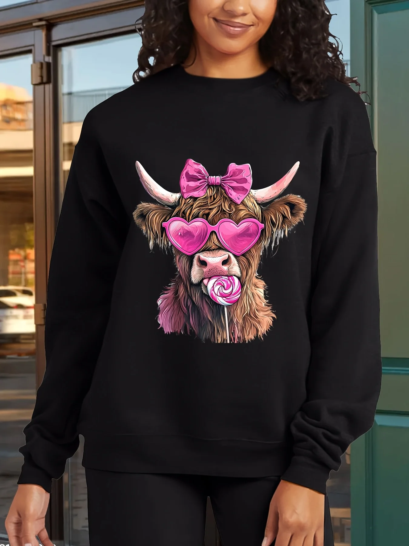 

Highland Cow Valentine Graphic Print Autumn and Winter Cotton Men's and Women's Sweatshirts Outdoor Sports Leisure Fashion Trend