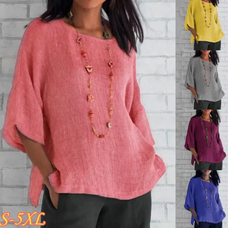 Plus Size Cotton Blouse Shirts Summer O-Neck Three Quarter Loose Casual Blouse Tops Summer Cothes For Women Streetwear