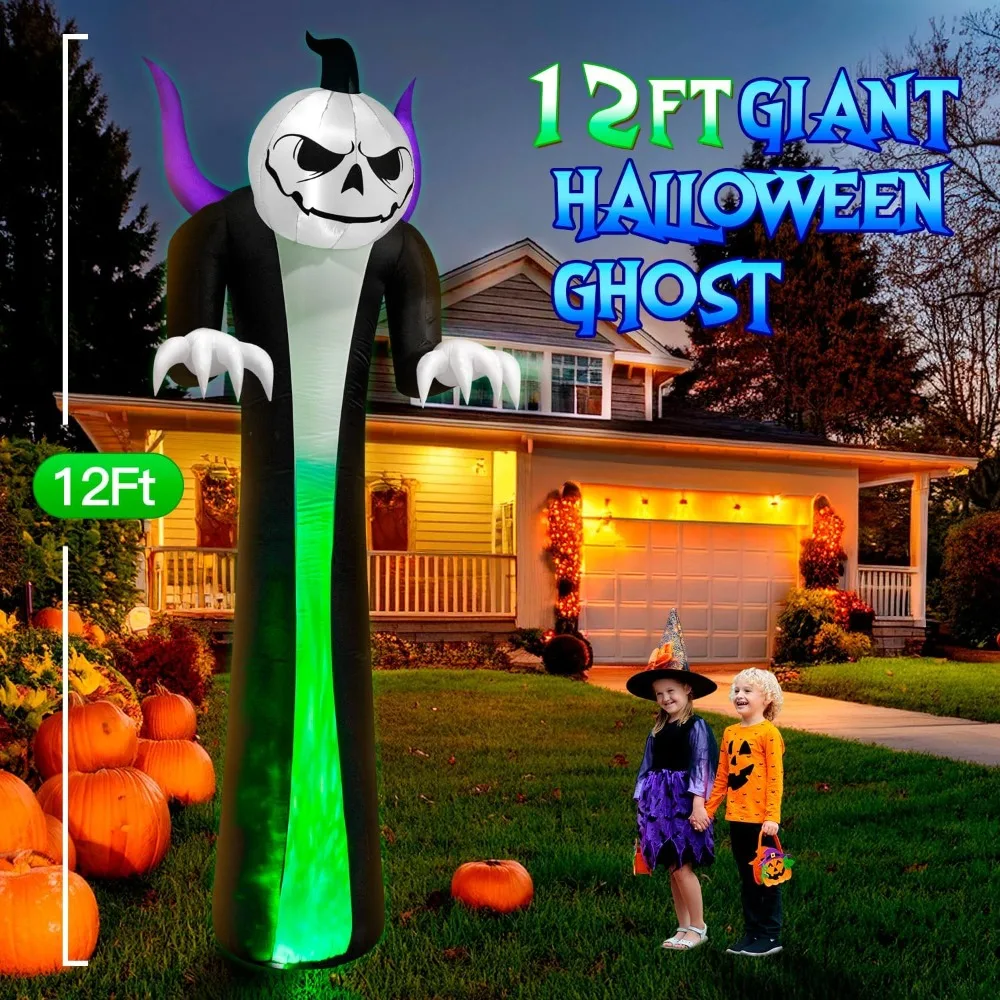 Reaper di zucca gonfiabile gigante per Halloween all'aperto con fantasma e spettacolo di luci a fiamma a LED a 3 colori