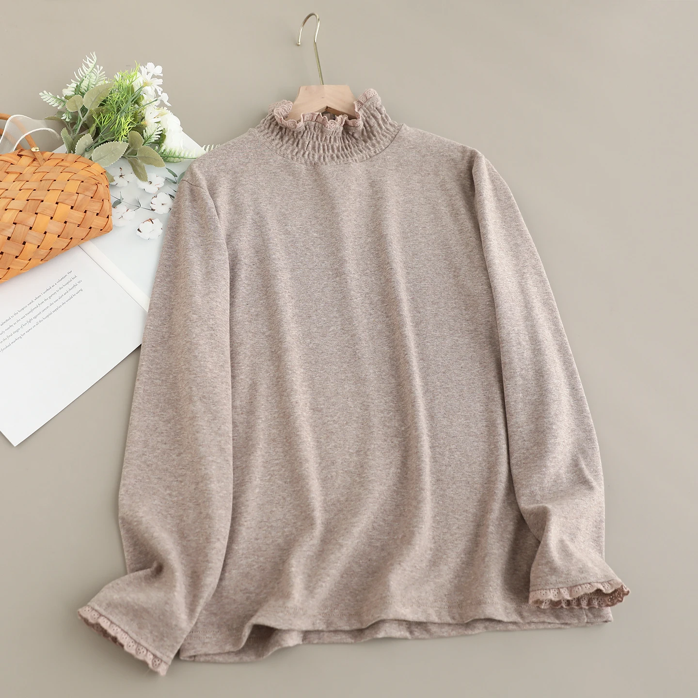 Japonês doce mori menina cor sólida camisetas de algodão feminino primavera outono gola alta manga longa casual solto pulôver camisas