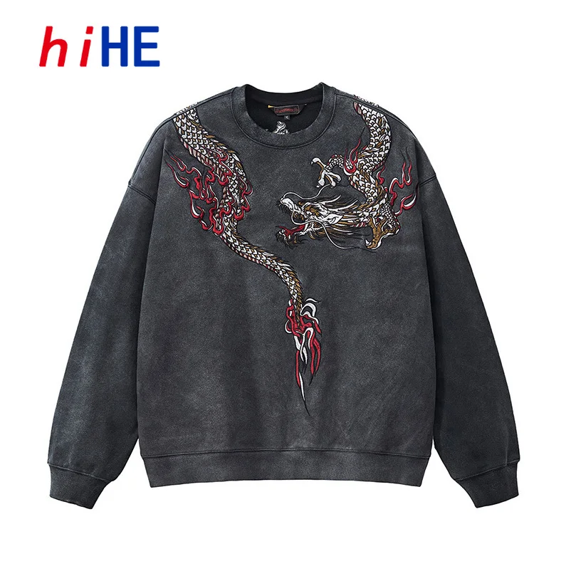Dragon Embroidered Sweatshirt Men O Neck Plus Size Menswear Pull Kpop Pullover Oversize Hoodies Spring D024A1