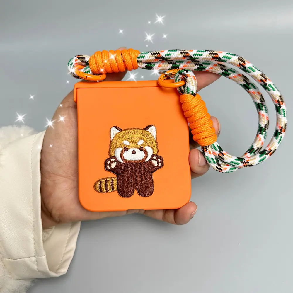 Cute Bear Strap Orange Hinge Case For Samsung Galaxy Z Flip 3 4 5 6 7 For Motorola Razr 70 40 50 60 Ultra Xiaomi Mix Flip 2
