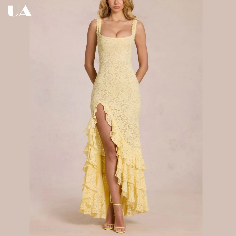 

ULBYANRY French Style Square Neck Lace Ruffled Prom Dress, Elegant Sleeveless Evening Dress, Customized High-slit Party Dress