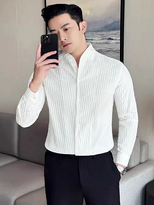 Slim Fit Long Sleeve Shirt Men's Stand Collar Bubble Texture Embroidery Breathable Spring Youth Fashion Thin Material Pure Color
