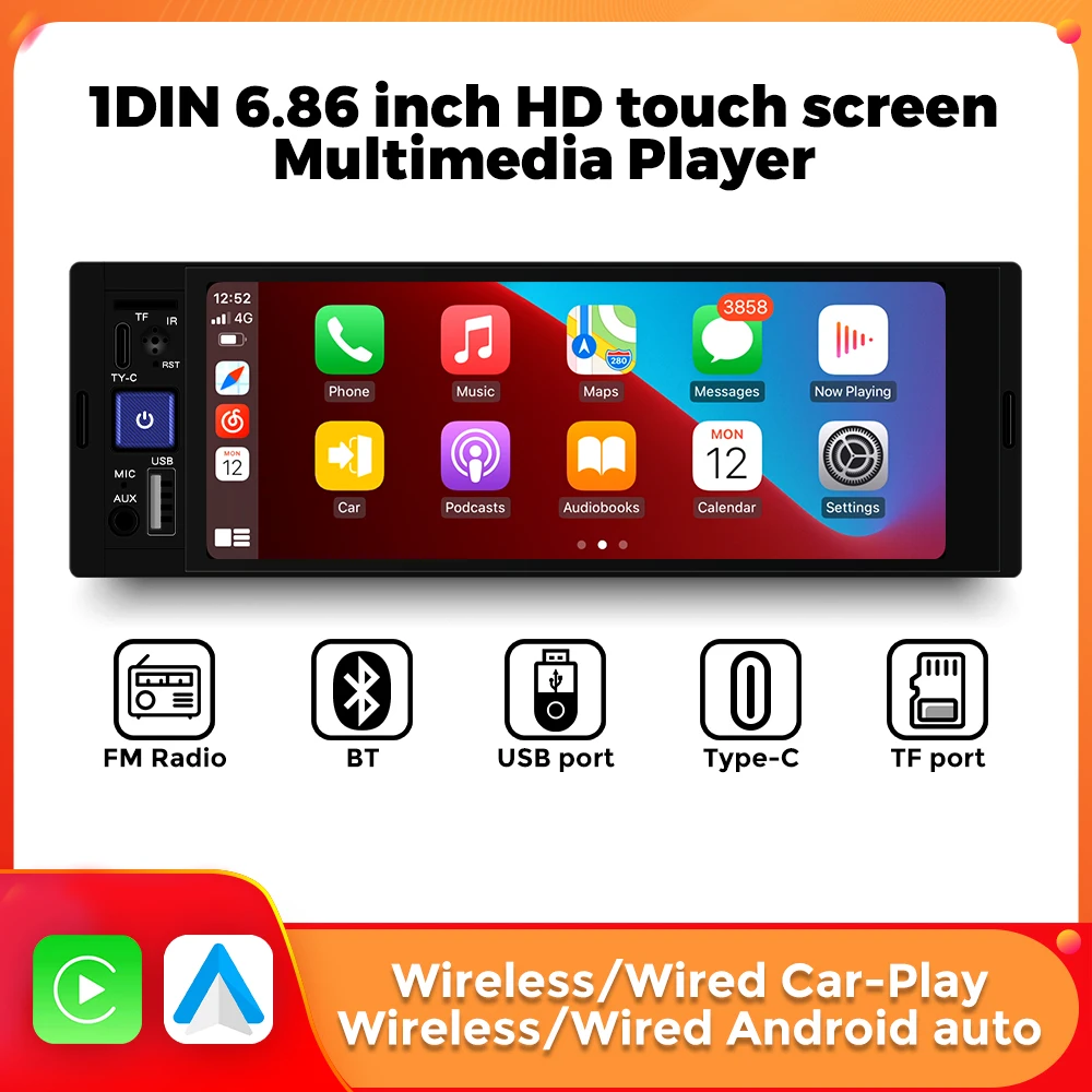 1 Din 6.86‘’ Wireless CarPlay Android Auto MP5 Player For Hyundai Toyota Mazda Suzuki Kia VW Skoda Nissan Autoradio Universal