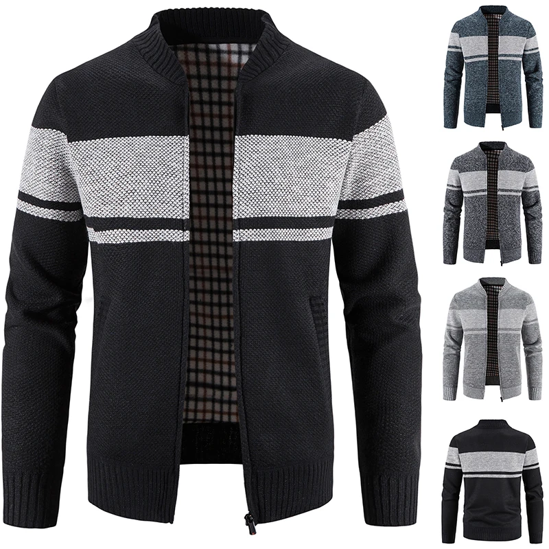 

Autumn Winter Mens Sweater Fleece Thick Zip up Cardigan Warm High Quality Work out Striped Knitted Coat Cold Striped Overcoat