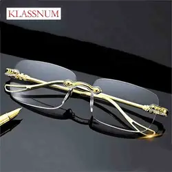 2024 New Men High Definition Lens Reading Glasses Rimless Diamond Trimming Presbyopic Eyewear Anti Blue Light Glasses KLASSNUM