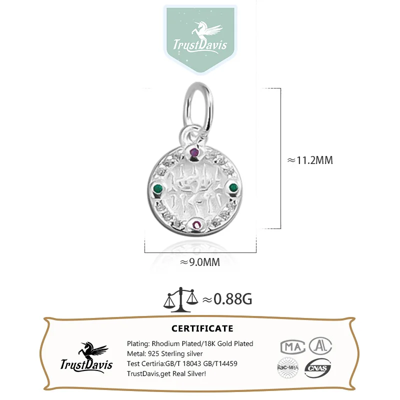 TrustDavis Real 925 Sterling Silver Fashion Simple Five Scriptures Round Zircon Pendant Handmade DIY Accessories Jewelry DZ1751