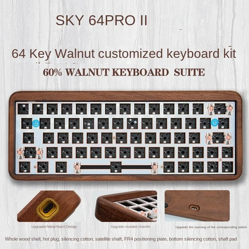 Imagem -05 - Kit de Teclado Mecânico de Madeira Walnut Tri-modo sem Fio Bluetooth Hot-swap Junta Rgb Personalização Macrokey Gamer 68 Chaves 64 Chaves 61 Chaves